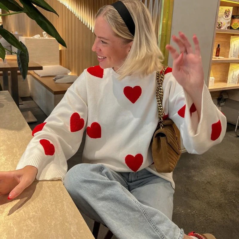 Oversized Sweater with Bold Red Hearts – Trendy, Comfortable, and Perfect for Any Season!