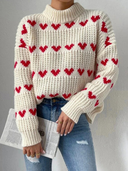 Heart-Patterned Knit Sweater – Effortless Charm & Warmth