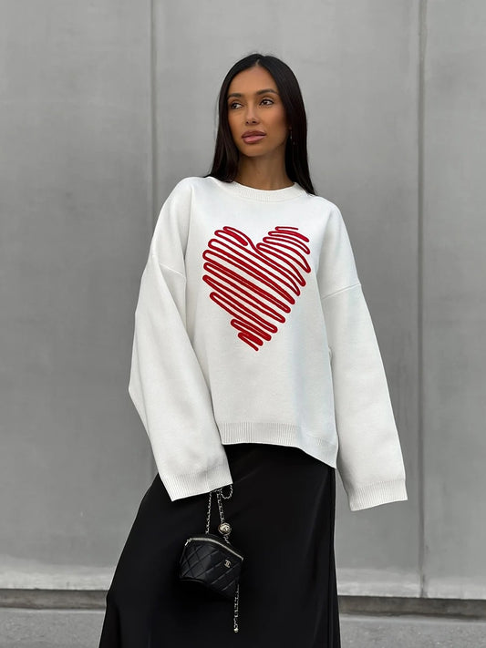 Cozy Love Oversized White Sweater with Bold Red Heart Design